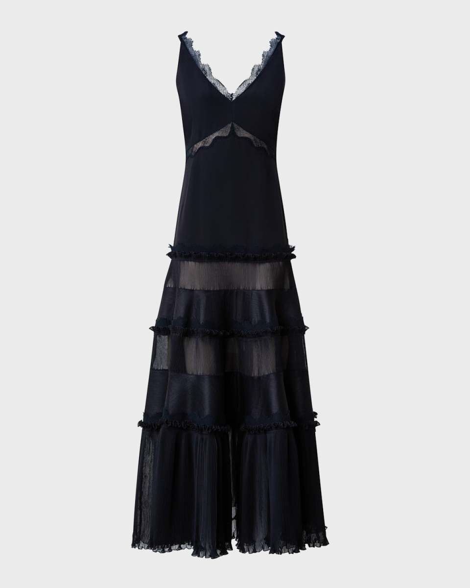 Crepe Layered Midi Dress with Lace Details