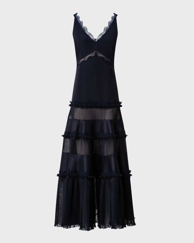 Crepe Layered Midi Dress with Lace Details