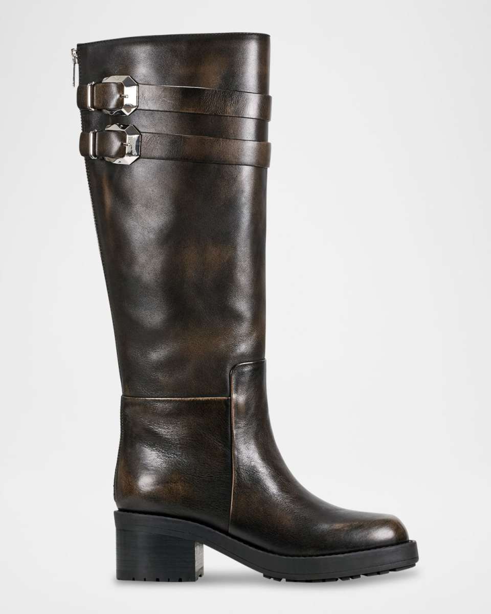 Leather Buckle Lug Riding Boots With Zipper