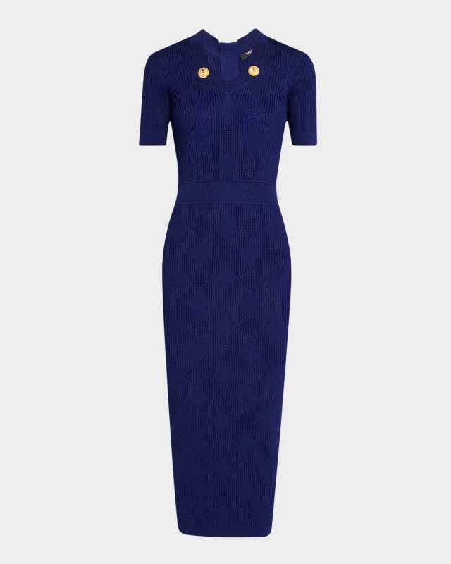 Vichy Short-Sleeve Knit Midi Dress