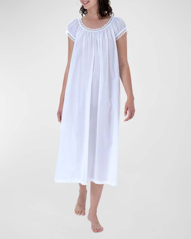 Monica-2 Ruched Lace-Trim Cotton Nightgown