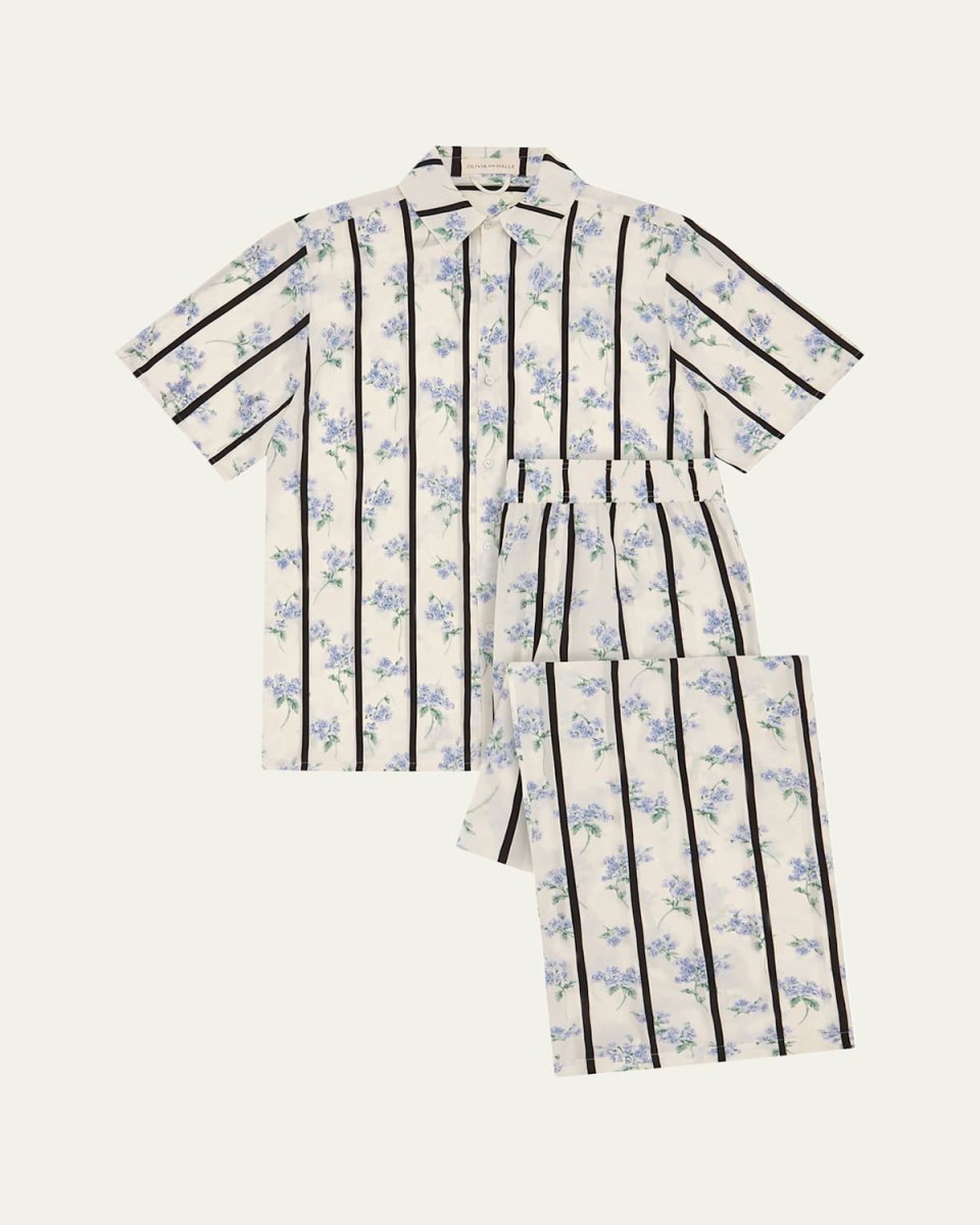Alabama Striped Floral-Print Silk Pajama Set