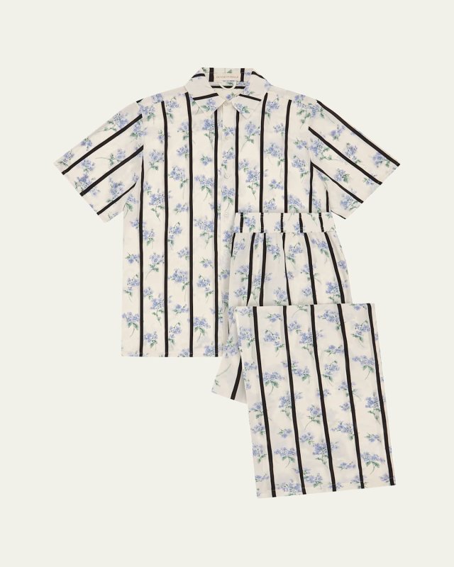 Alabama Striped Floral-Print Silk Pajama Set