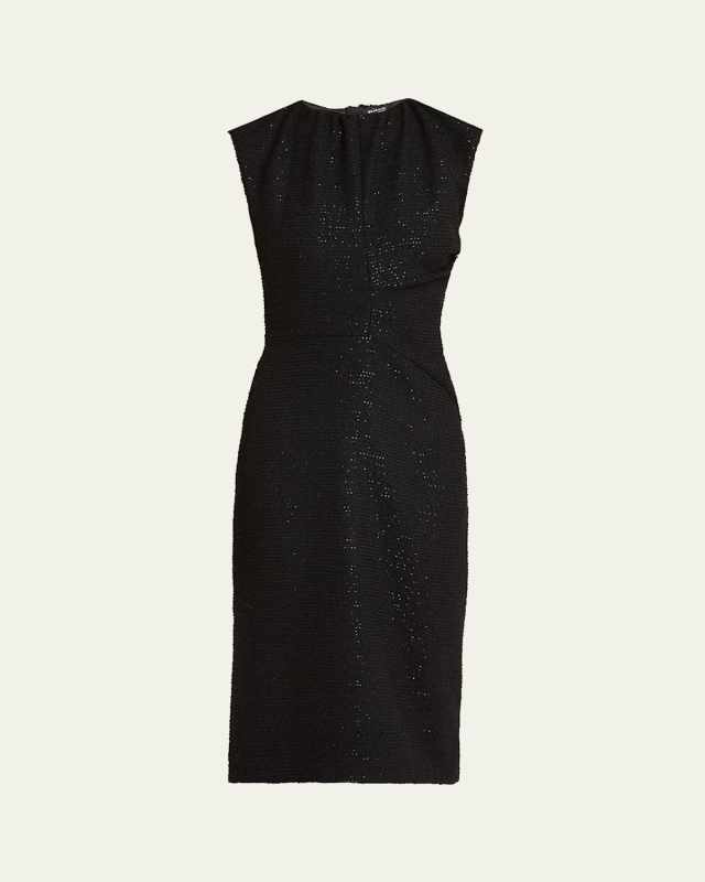 Sequined Gathered-Neck Wool Midi Dress