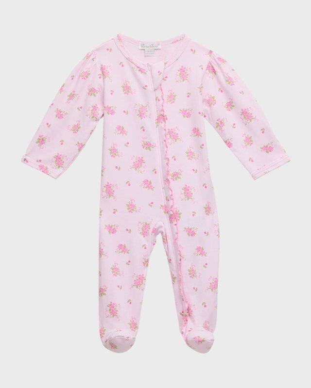Girl's Rose Scrolls Ruffle Trim Footie, Size Newbor
