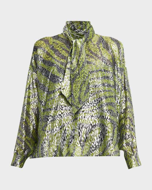 Zebra-Print Metallic Velvet Scarf-Neck Blouse