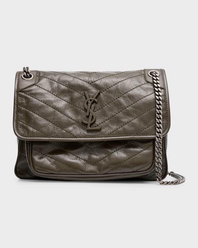 Niki Medium Flap YSL Shoulder Bag in Crinkled Leather