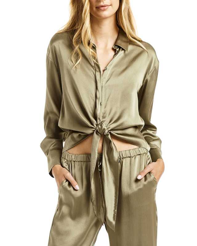 Gem Long-Sleeve Front-Tie Silk Top