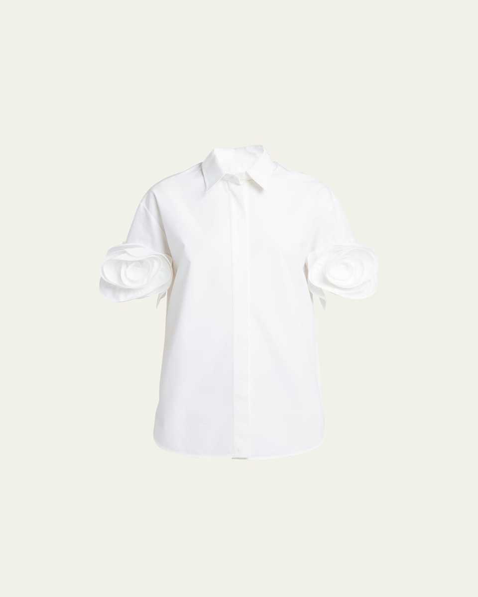Rosette-Cuff Short-Sleeve Poplin Collared Shirt