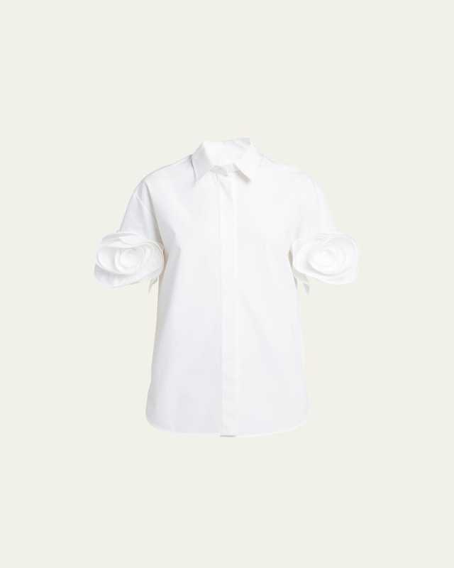 Rosette-Cuff Short-Sleeve Poplin Collared Shirt