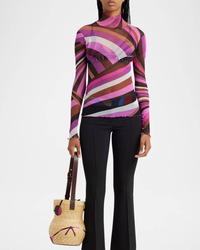 Abstract-Print Mock-Neck Tulle T-Shirt
