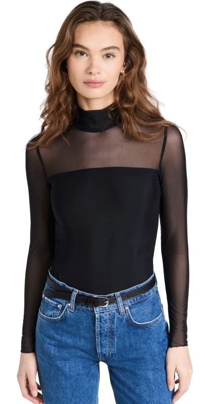 Commando Chic Mesh Mockneck Long Sleeve Covered Thong Bodysuit Black