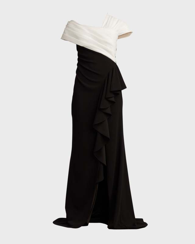 Pleated Two-Tone Ruffle Crepe Gown