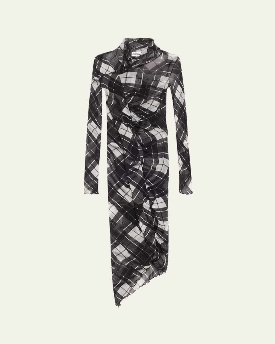 Distorted Tartan-Print Draped Mesh Maxi Dress