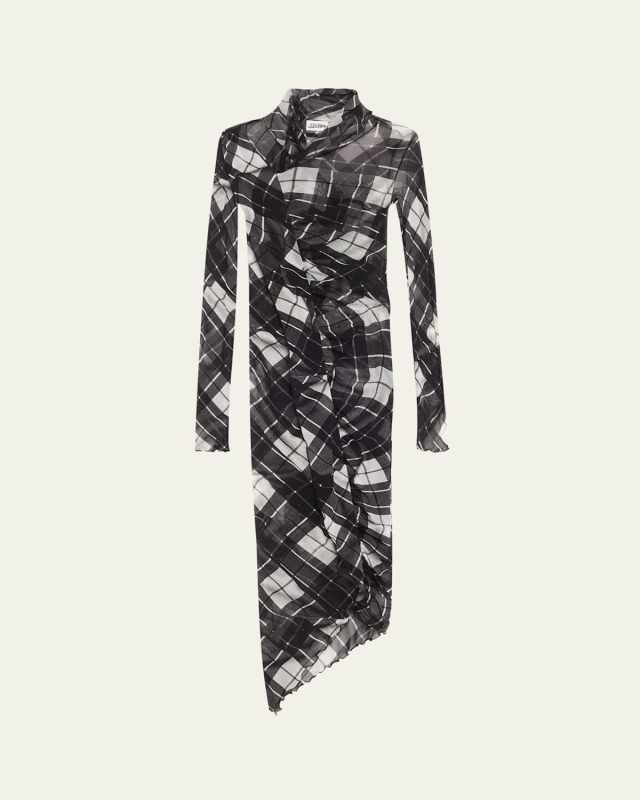 Distorted Tartan-Print Draped Mesh Maxi Dress