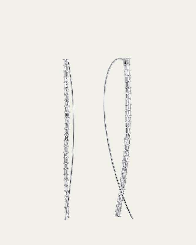 14K Gold Baguette Diamond Narrow Upside-Down Threader Hoop Earrings