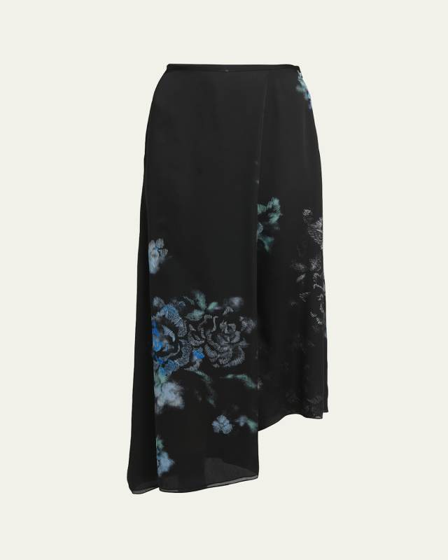 Floral Print Silk Wrap-Effect Midi Skirt