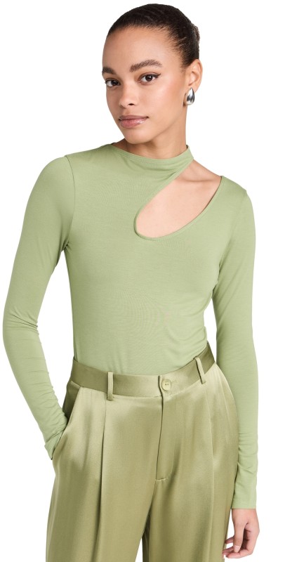 LAPOINTE Lightweight Modal Jersey Asymmetric Slit Front Top Olive