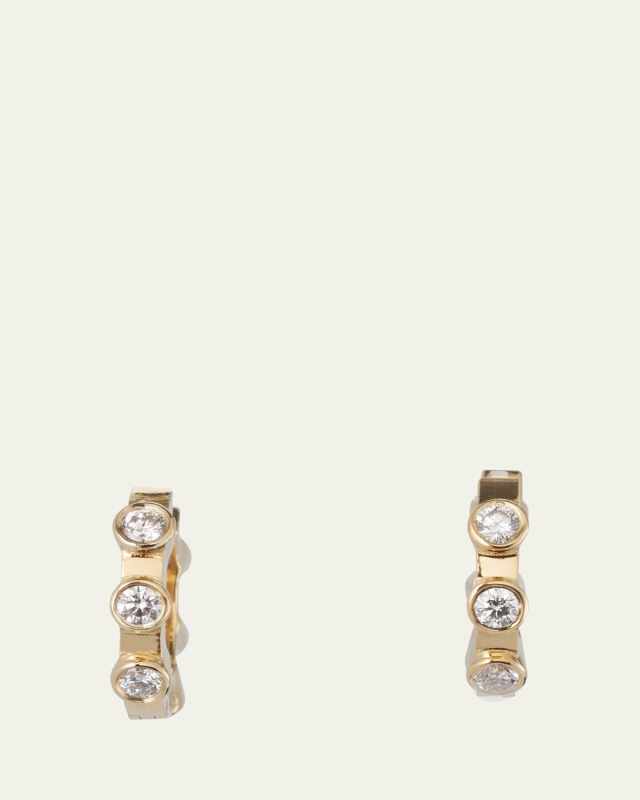 18K Yellow Gold Midi Hoop Earrings with White Diamonds and Emeralds