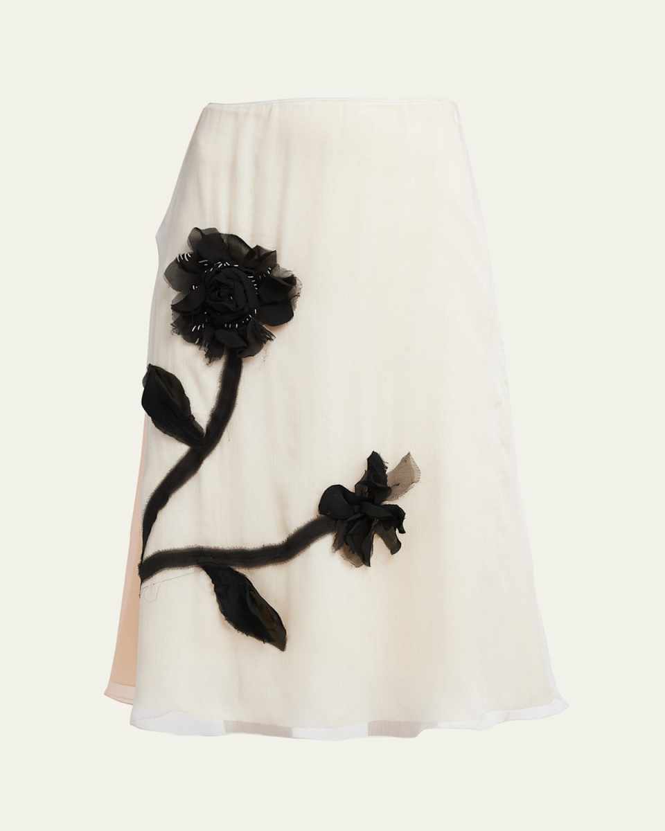 3D Flower Embroidered Bicolor Fluid Silk Midi Skirt