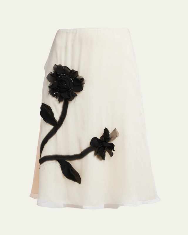 3D Flower Embroidered Bicolor Fluid Silk Midi Skirt