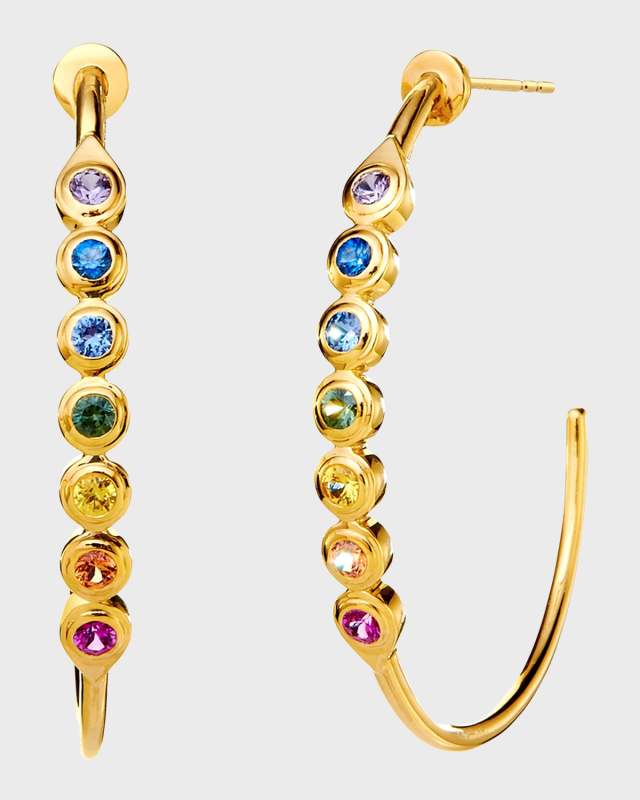 18K Yellow Gold Chakra Hoop Earrings with Rainbow Sapphires