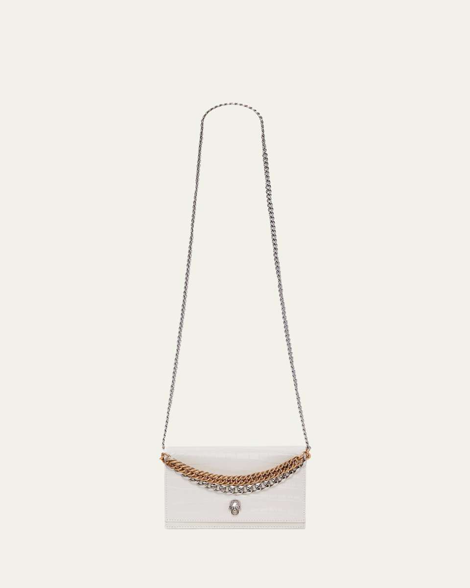 Small Skull Croc-Embossed Chain Shoulder Bag