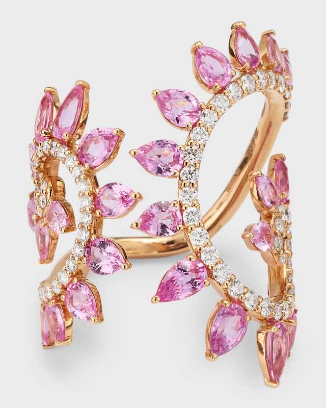18k Yellow Gold Pink Sapphire and Diamond Double Spiral Ring, Size 6.5