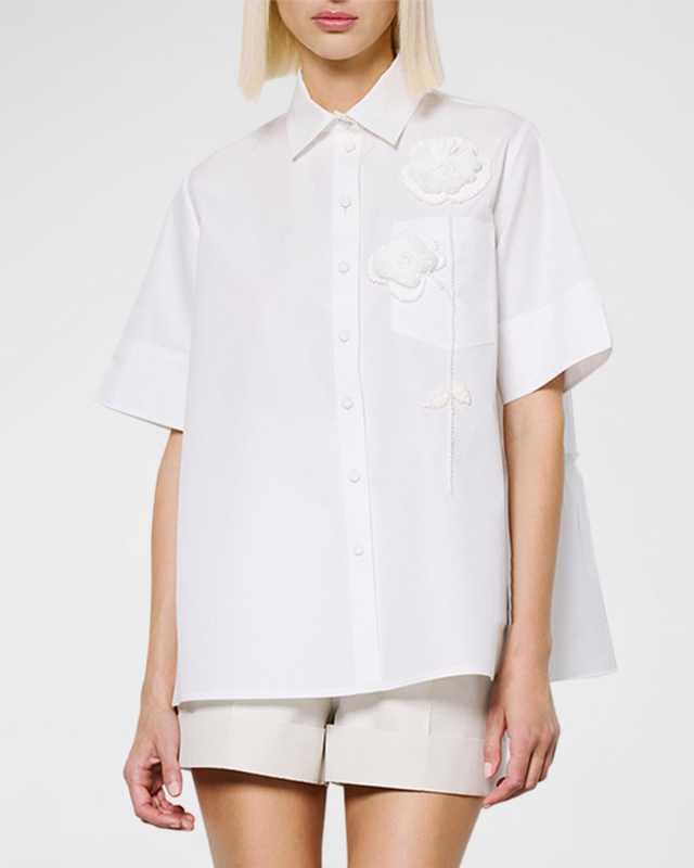 Floral Embroidered Tiered-Back Collared Shirt