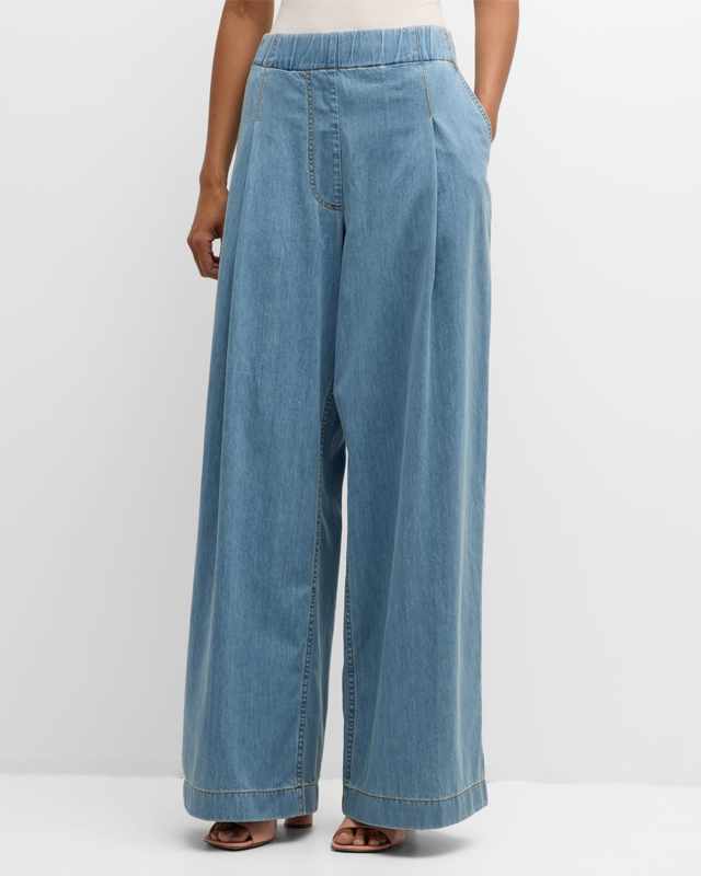Pila Denim Pleated Wide-Leg Pull-On Pants