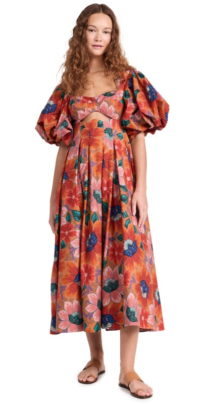 FARM Rio Marias Floral Orange Cut Out Midi Dress Marias Floral Orange