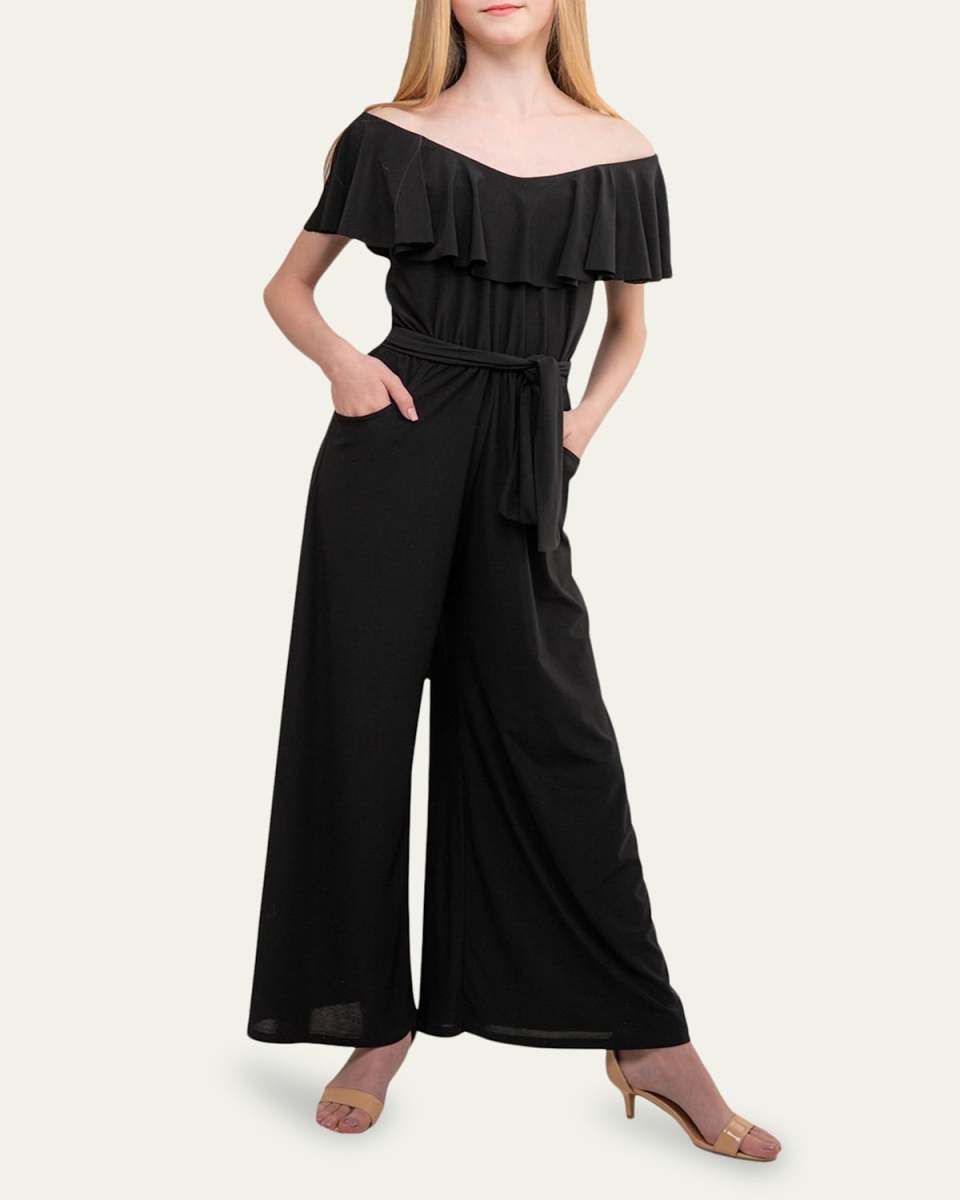 Girls' Self-Tie Belted Wide-Leg Jumpsuit, Size S-