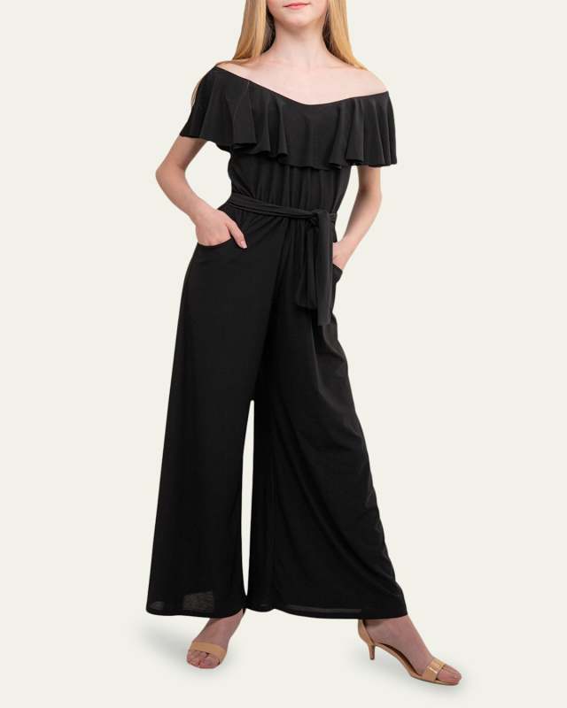 Girls' Self-Tie Belted Wide-Leg Jumpsuit, Size S-