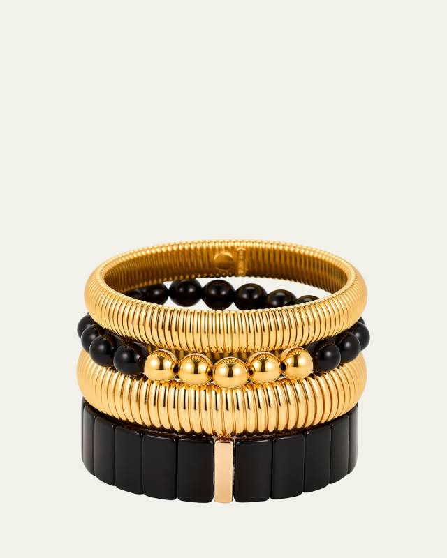 Cobra Bracelets with Black Stone Mix, Set of 4