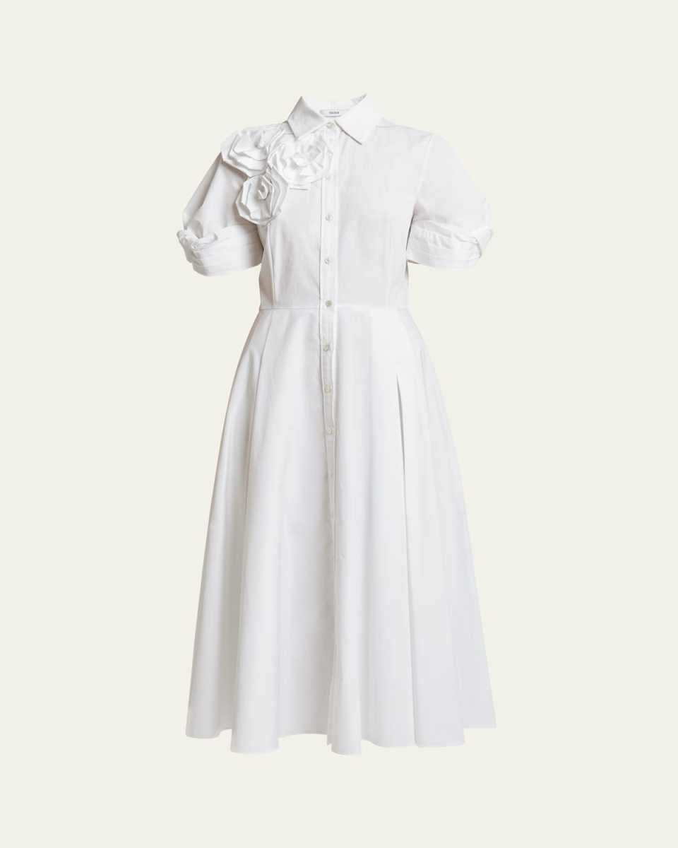 Rosette Fit-Flare Button Down Midi Shirt Dress