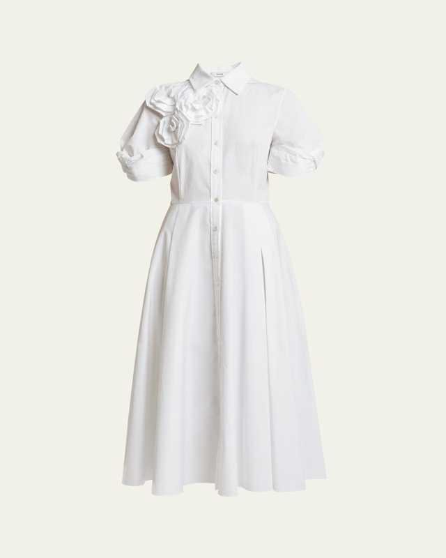 Rosette Fit-Flare Button Down Midi Shirt Dress