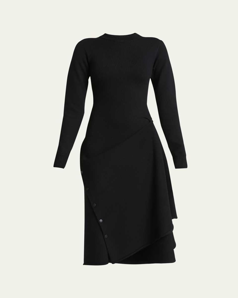 Asymmetric Side Snap Slit Midi Dress