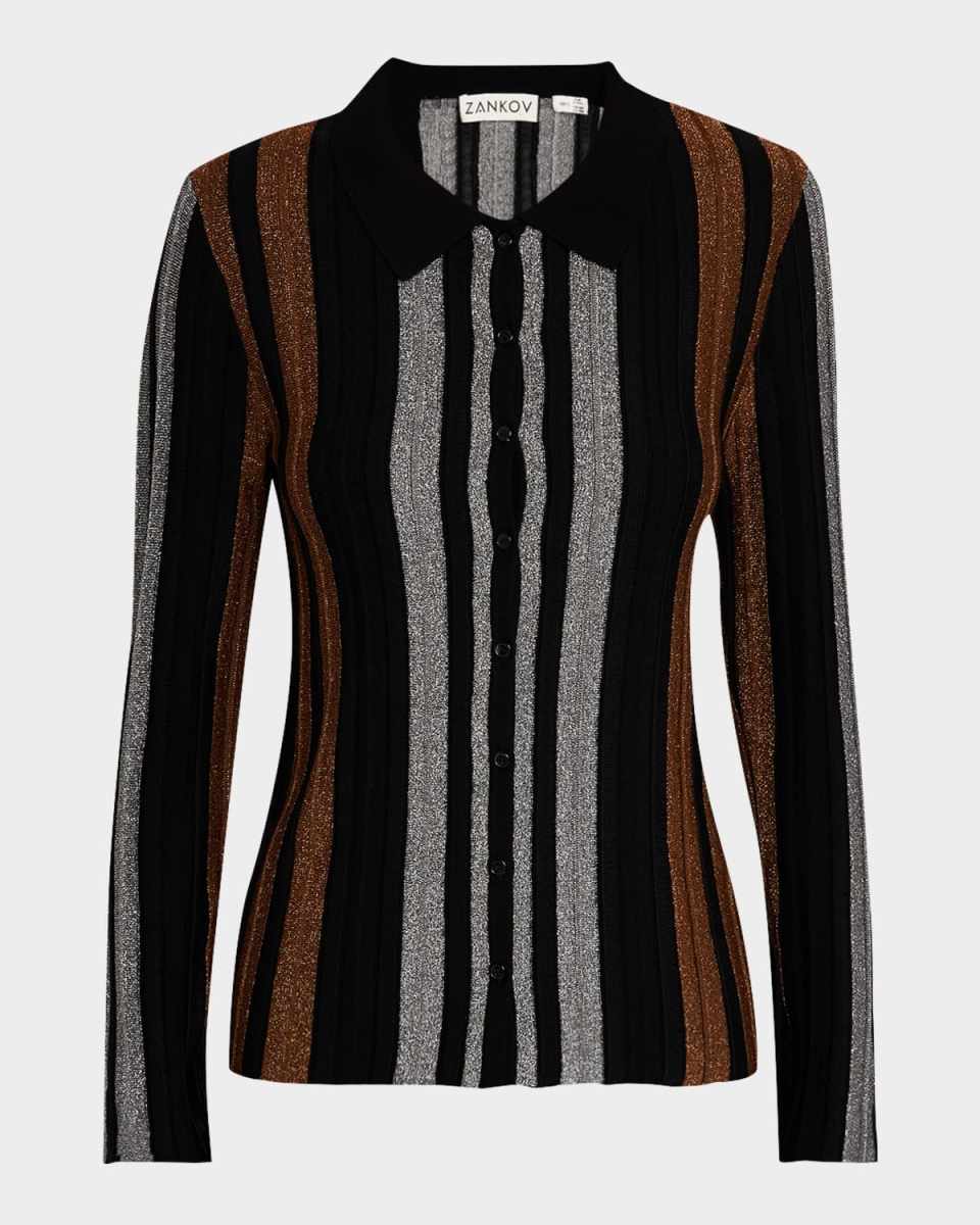 Basel Metallic Pleated Knit Collared Cardigan