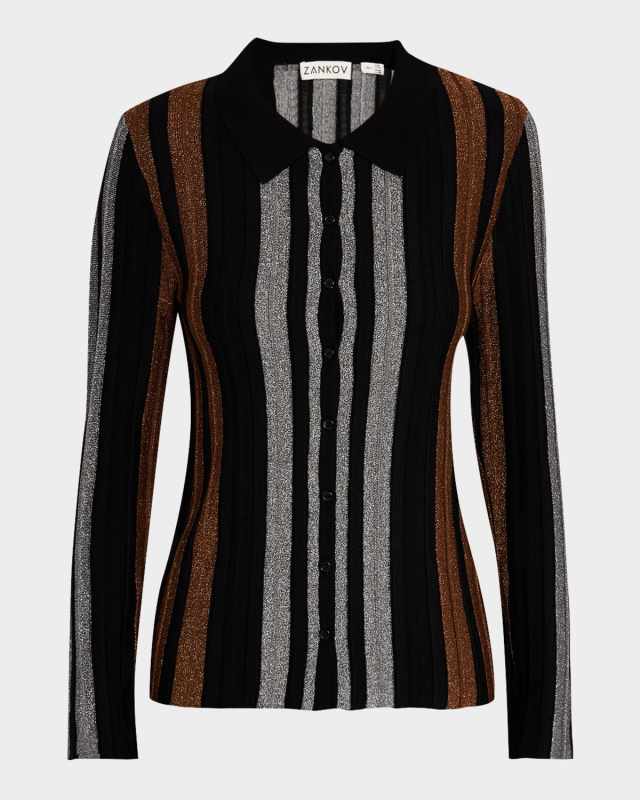 Basel Metallic Pleated Knit Collared Cardigan