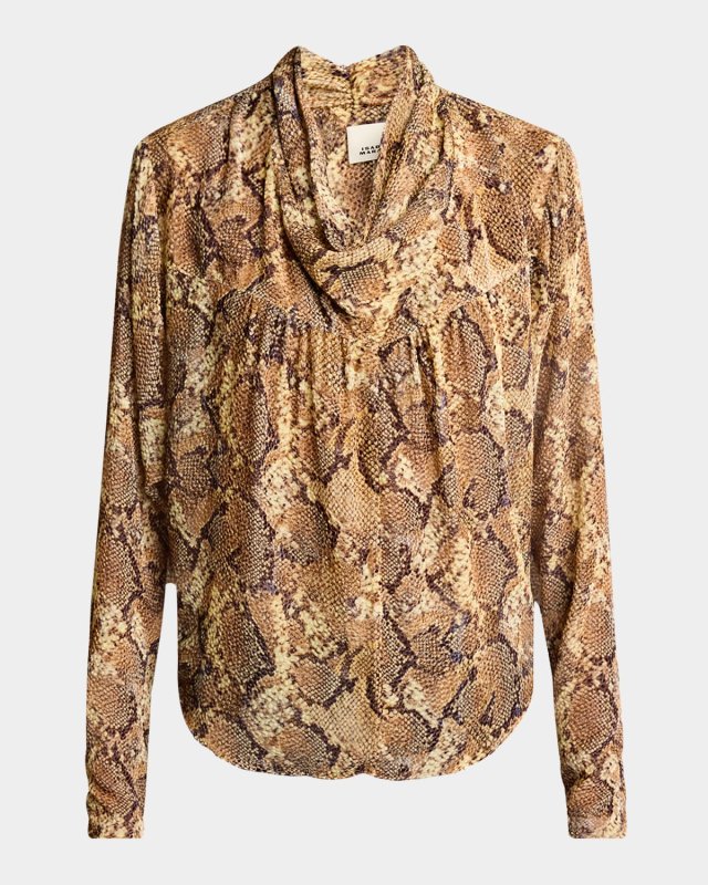 Cherley Snakeskin-Print Cowl-Neck Silk Top