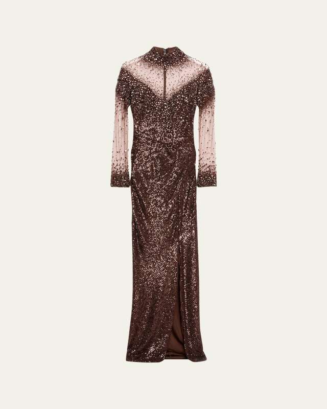 Illusion Tulle Sequin Gown with Oversized Crystals
