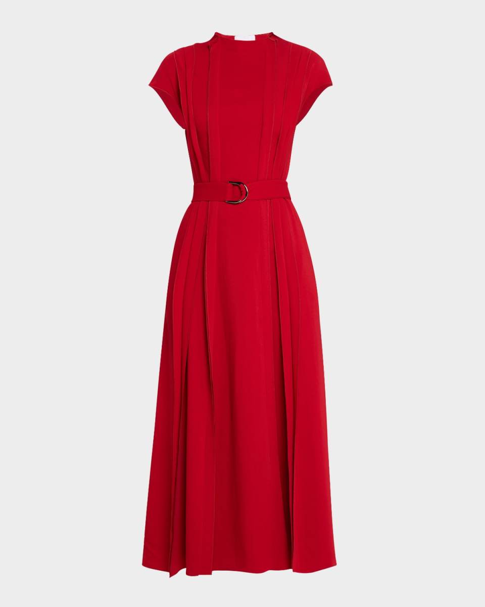 Belted Cap-Sleeve Pintuck Midi Dress