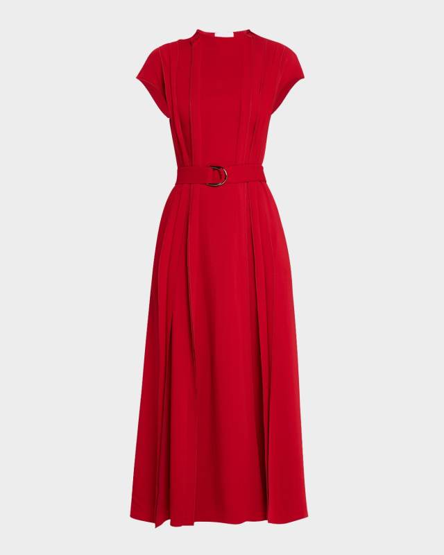 Belted Cap-Sleeve Pintuck Midi Dress
