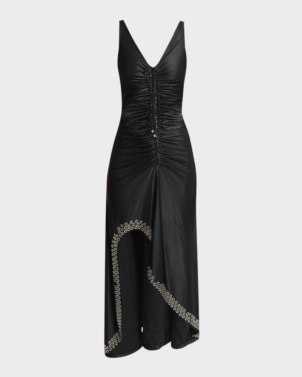Grommet-Embellished Sleeveless Ruched Midi Dress