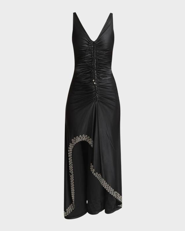 Grommet-Embellished Sleeveless Ruched Midi Dress