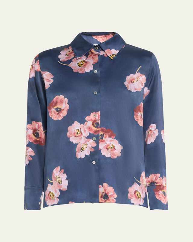 Painted Poppy Long-Sleeve Silk Blous