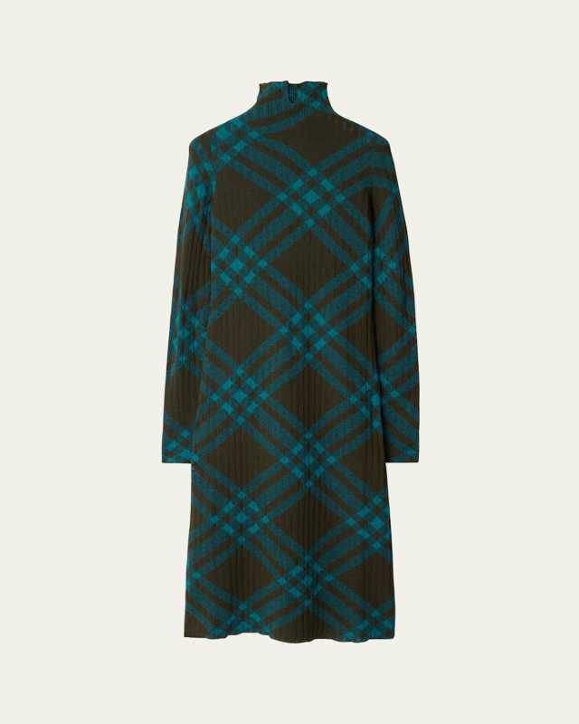 Turtleneck Check Knit Midi Sweater Dress