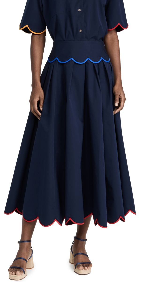 Rosie Assoulin Scallop Hem Skirt with Rainbow Piping Navy