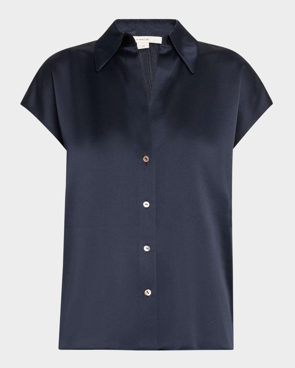 Cap-Sleeve Ruched-Back Silk Blouse