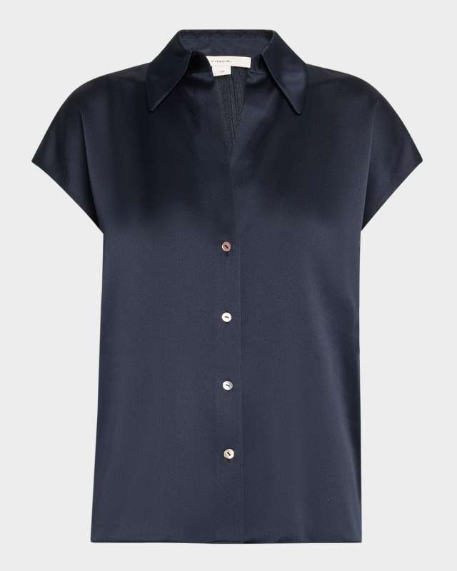 Cap-Sleeve Ruched-Back Silk Blouse